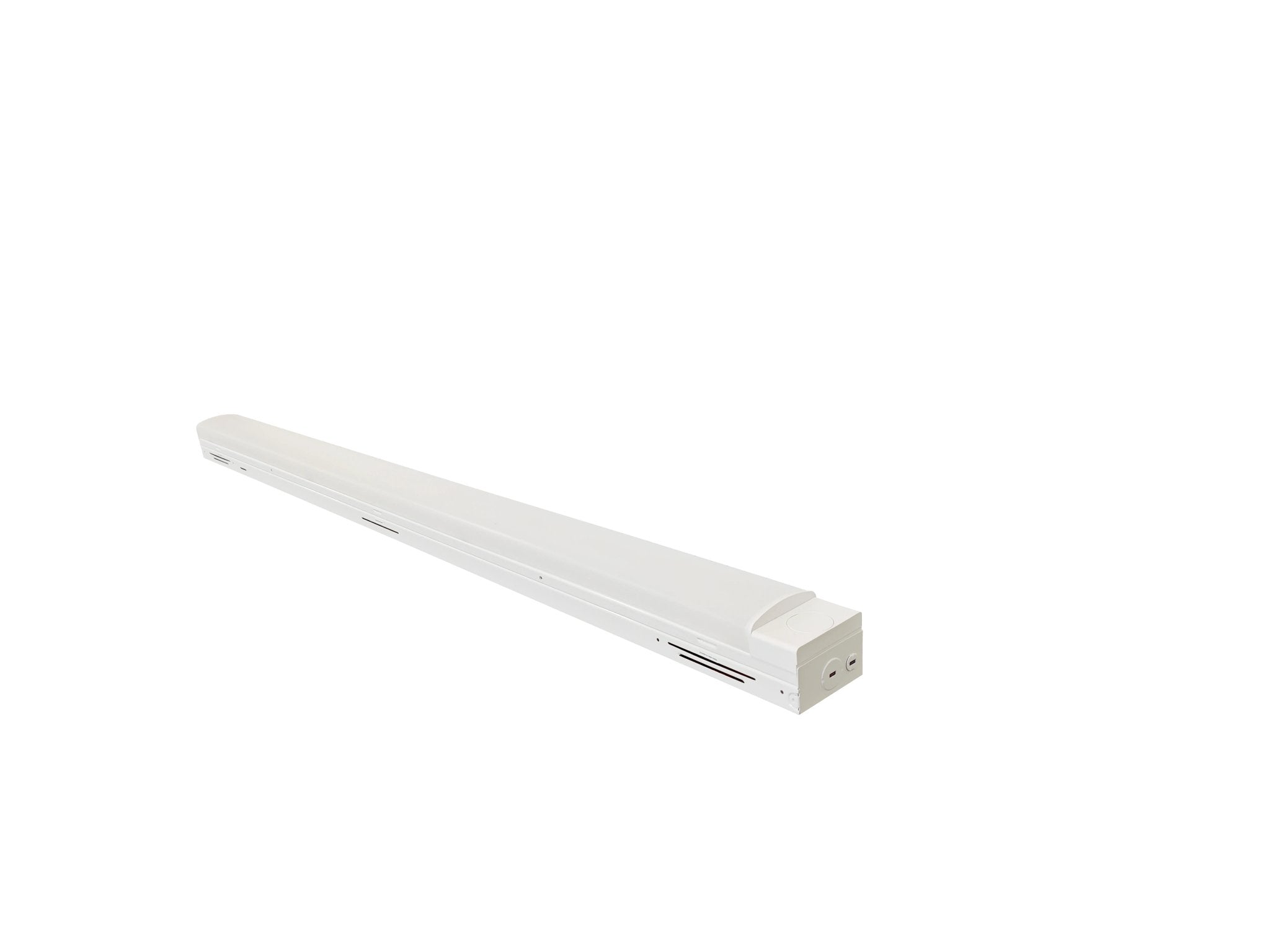 Eiko LED Commercial Strip Light in white, 45W, 3500K, mounted on ceiling, showcasing sleek linear fixture for commercial spaces.