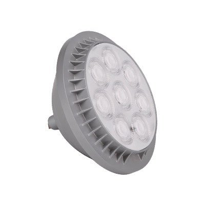 Green Creative 50W LED PAR56 lamp with GX16d base, flood beam, 5000 lumens, 120V, 3000K warm white light.