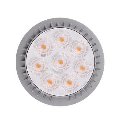 Green Creative 50W LED PAR56 lamp with GX16d base, flood beam, 5000 lumens, 120V, 3000K warm white light.