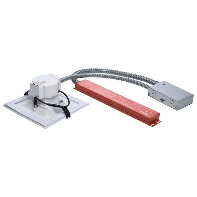 Square 20.5W LED commercial downlight with integrated emergency driver, suitable for 120-347V lighting installations.