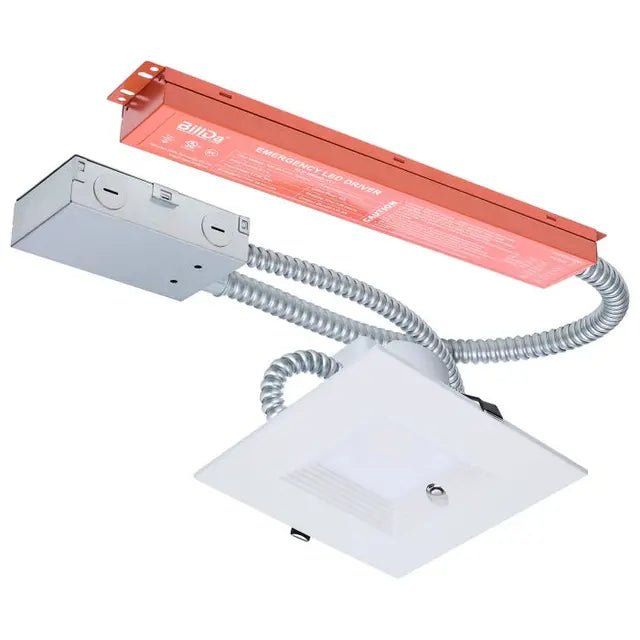 Square 20.5W LED commercial downlight with integrated emergency driver, suitable for 120-347V electrical systems.