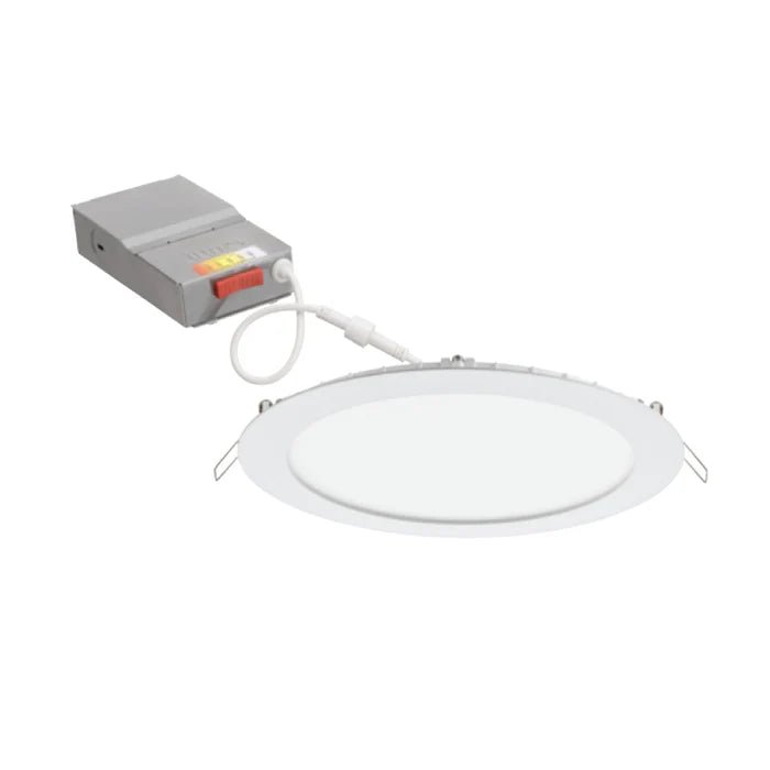 Lithonia Lighting Juno LED wafer downlight, 8-inch matte white, 19W dimmable with color selectable feature, installed in ceiling.