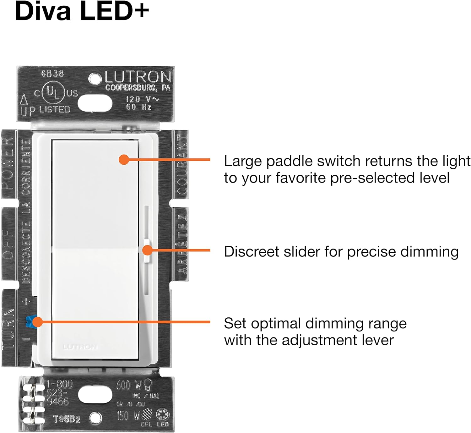Lutron Diva LED+ Dimmer Switch with Wallplate, 150-Watt/Single-Pole or 3-Way in White - Green Lighting Wholesale
