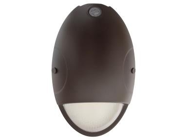 LED Bronze Oval Wallpack by MaxLite with photoeye, 15W emergency lighting, cold weather backup, CCT adjustable, wall-mounted.