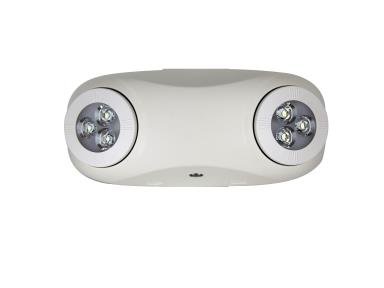 MaxLite LED high output white 2-head emergency light with battery backup, suitable for 100-300V power supplies.