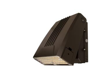 Bronze LED cutoff wallpack exterior lighting fixture with wattage and color options, featuring built-in photocell for outdoor illumination.