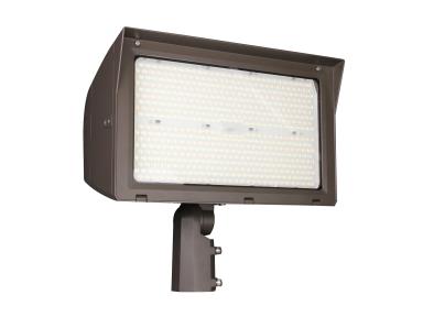 MaxLite LED adjustable beam flood light in bronze with slipfitter, 210W, 250W, or 320W, featuring CCT select for exterior lighting.