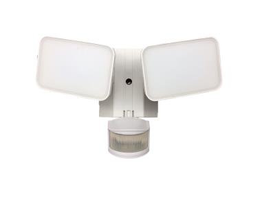 MaxLite LED white security flood light with motion sensor and GFCI outlets, 28W, 120V for outdoor use.