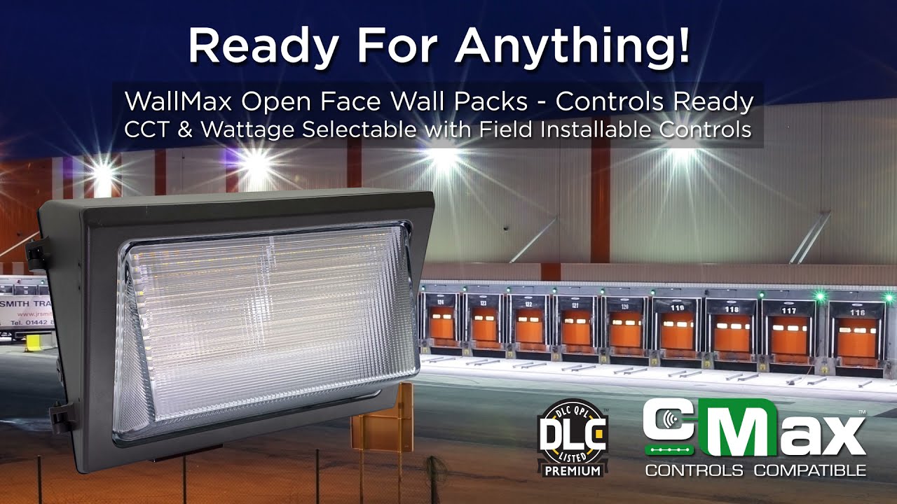 MaxLite WALLMAX Wall Pack exterior lighting fixture in bronze with adjustable wattage 90/100/120W and CCT 3K/4K/5K, featuring a photocell.