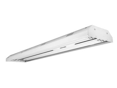 MaxLite 4XT5 LED T5 Highbay fixture with linear lamp, ready for 120-277V single-ended installation, used for industrial lighting.