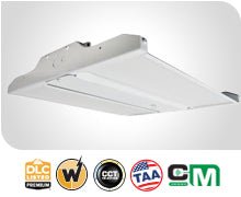 MaxLite LED linear highbay fixture with frosted lens, providing 42,300 lumens, adjustable wattage and color options for commercial lighting.