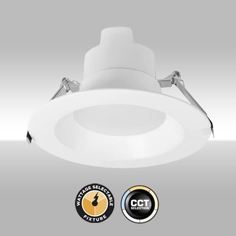 MaxLite 10-inch LED commercial downlight with adjustable CCT, TRIAC & 0-10V dimming, suitable for 120V-277V ceiling lighting.