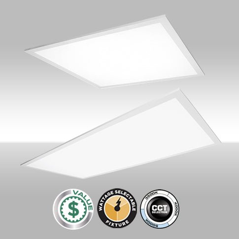 MaxLite LED flat panel ceiling fixtures 2x4 pack with adjustable wattage and color options in 3500K, 4000K, 5000K.