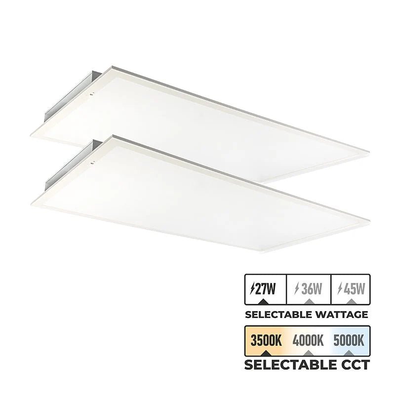 MaxLite LED flat panel lighting fixtures 2x4 27W, 36W, 45W with color options 3500K, 4000K, 5000K in a 2-pack
