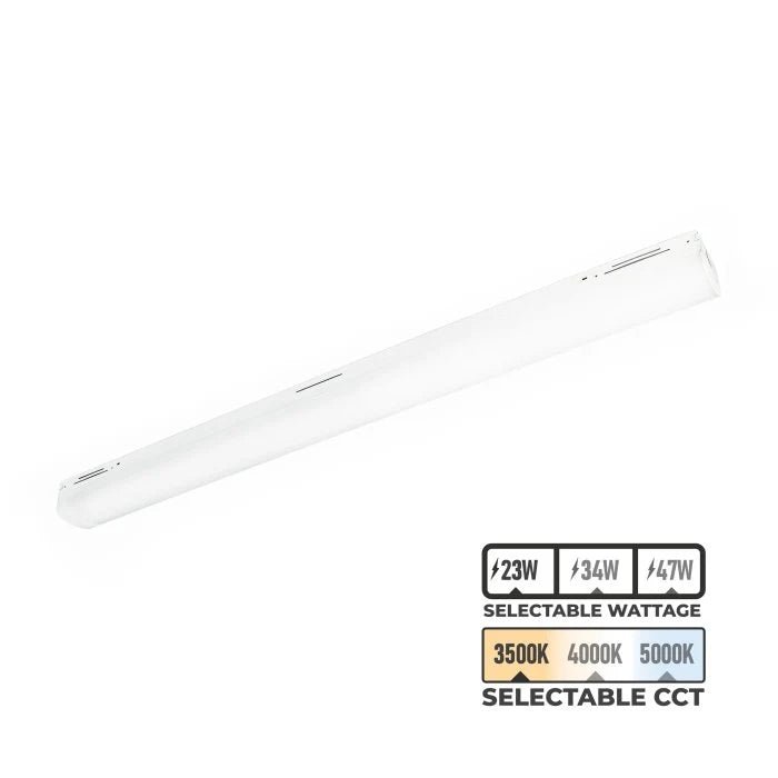 MaxLite LED linear strip light, 48 inches, with adjustable wattage and color temperature options in 3500K, 4000K, and 5000K.