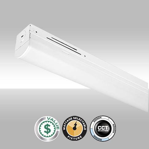 MaxLite 48-inch LED liner strip light with adjustable wattage and color options, showcasing sleek LED lighting fixture design.