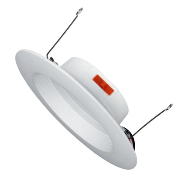 White 6-inch LED recessed baffle downlight by MaxLite, 9.5W, 120V, TRIAC dimming, 90 CRI, CCT adjustable, retrofit kit.