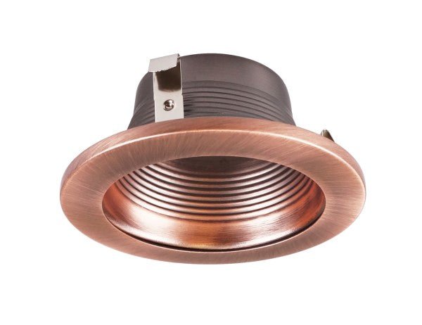 Nicor 4-inch copper baffle trim for decorative lighting, designed for 4-inch housings, with a sleek copper finish.