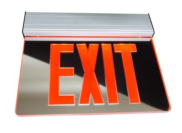 Nicor Edge Lit LED Emergency Exit Sign with mirrored surface and red illuminated lettering for clear visibility.
