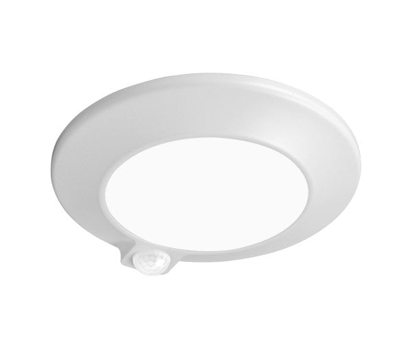 White 4-inch Nicor LED surface mount downlight with PIR motion sensor for ceiling lighting.