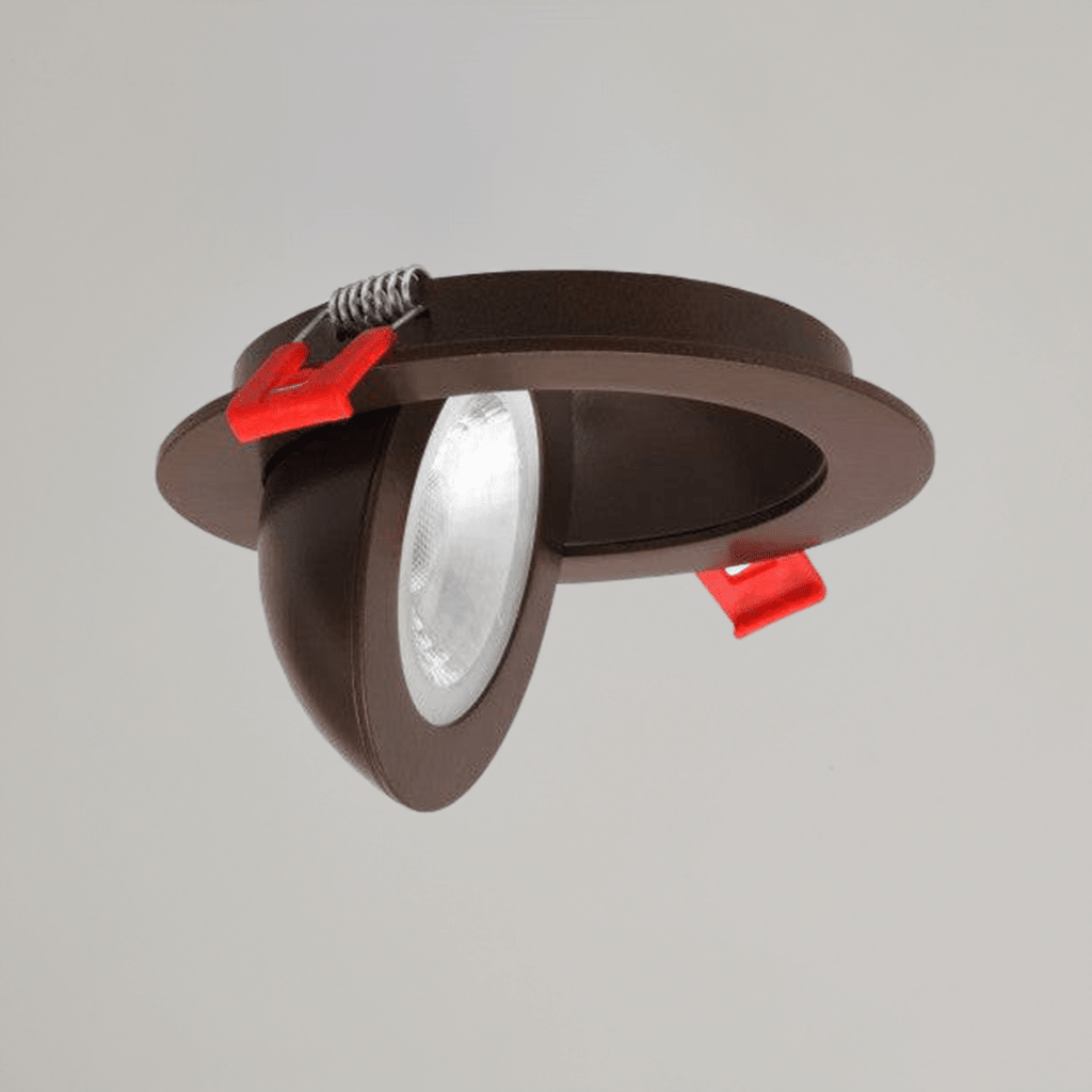 Nicor 4-inch oil-rubbed bronze LED recessed downlight with floating gimbal, adjustable color temperature 2700K-5000K, for ceiling lighting.