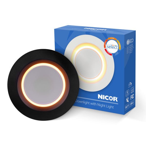Black 4-inch Nicor LED recessed retrofit kit with selectable lighting and night light feature, ideal for modern ceiling lighting.