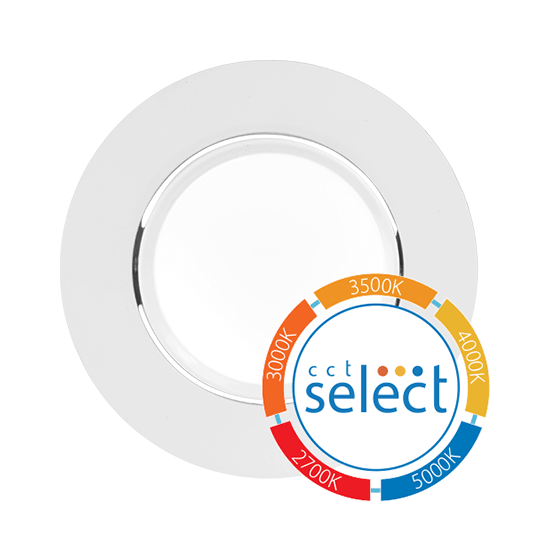 Nicor 4-inch white gimbal LED recessed downlight with adjustable CCT for retrofit lighting in ceilings.