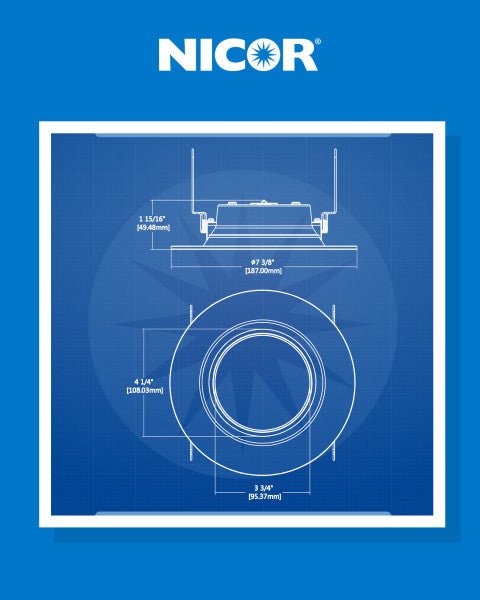 Nicor 5/6-inch black baffle LED recessed retrofit downlight with night light feature, ideal for energy-efficient lighting.
