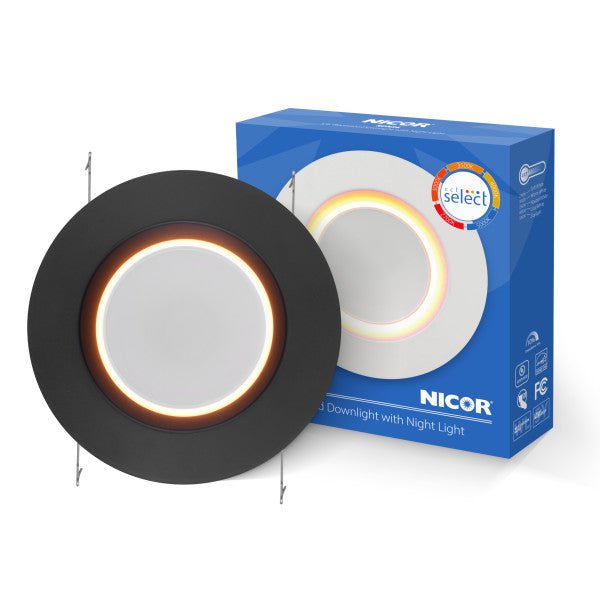Nicor 5/6-inch black baffle LED recessed retrofit kit with night light feature, adjustable downlight and easy installation.