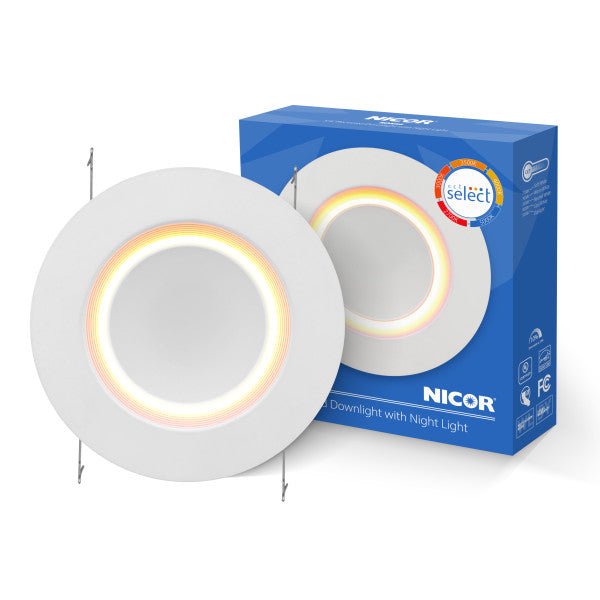 Nicor 5/6-inch white baffle LED recessed retrofit kit with night light feature, adjustable downlight for energy-efficient lighting.