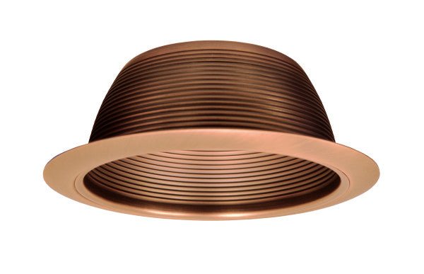 Nicor 6-inch copper recessed baffle trim with 1/2-inch trim ring for LED recessed retrofit lighting installation.