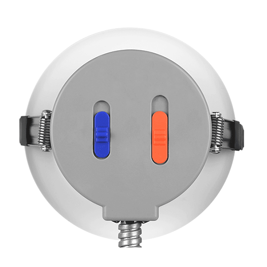 Nicor 6-inch commercial recessed LED downlight retrofit kit with adjustable CCT options 3000K to 5000K, energy-efficient lighting.