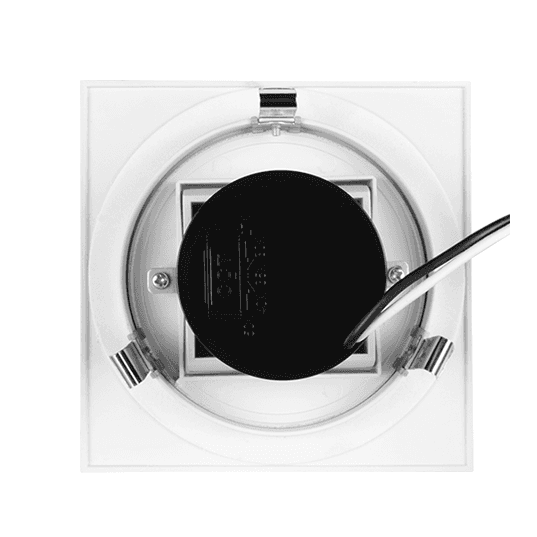 Nicor Square 4-inch multi-adjustable gimbal LED recessed downlight with CCT switch, ideal for retrofit lighting installations.