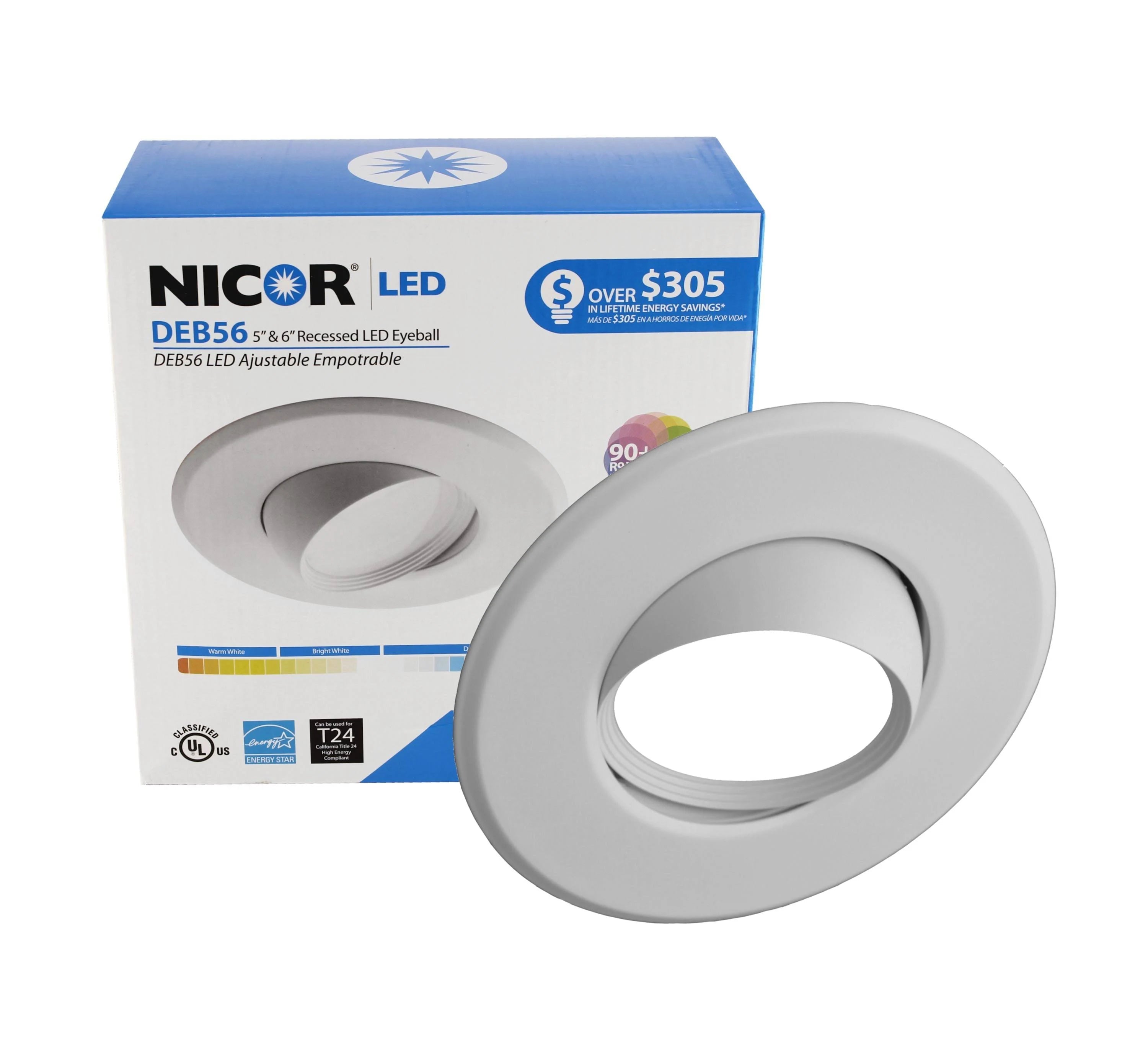 Nicor 5/6 in. adjustable LED eyeball retrofit downlight kit in 2700K, designed for recessed lighting installations.