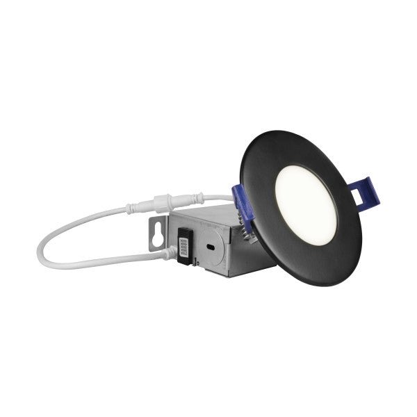 Nicor 3-inch black canless LED wafer downlight kit with adjustable CCT for modern interior lighting.