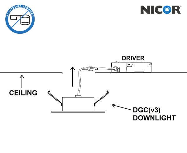 4-inch black Nicor LED wafer downlight with adjustable gimbal for recessed lighting, canless and selectable brightness.