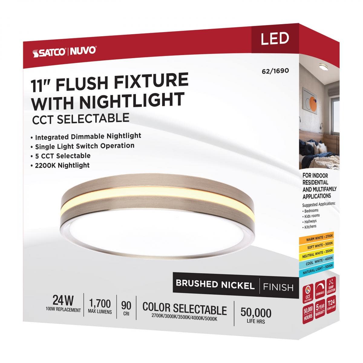 11 Inch Surface Mount with Night Light; 5 CCT Selectable; Brushed Nickel Finish - Green Lighting Wholesale