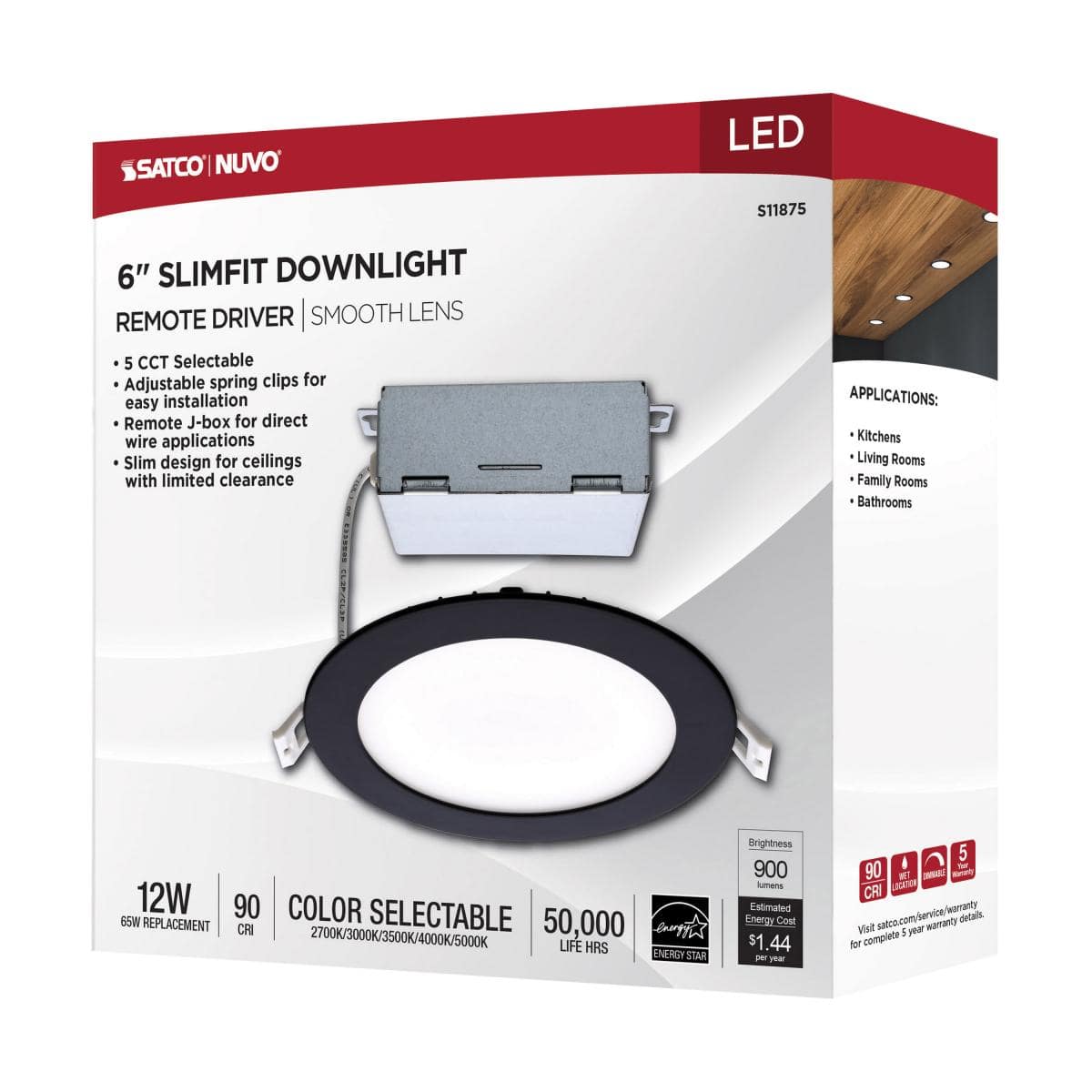 Black 12 Watt; LED Direct Wire Downlight; Edge-lit; 6 inch