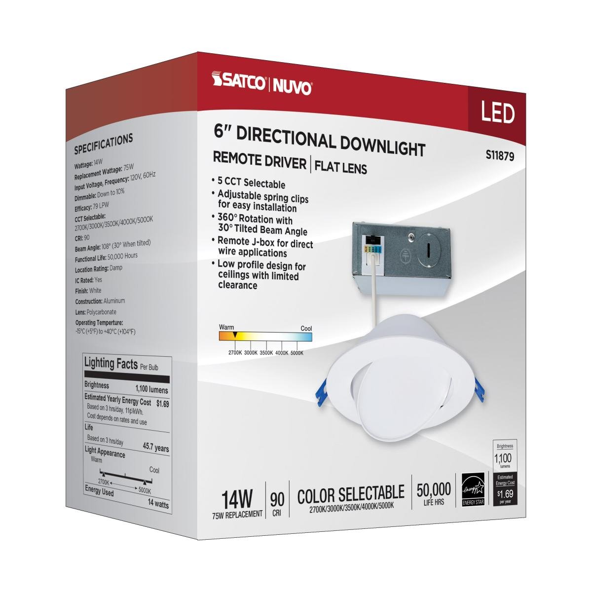 Nuvo LED Wafer 14W 6-inch directional low-profile downlight with CCT selectability in white finish, 120V.