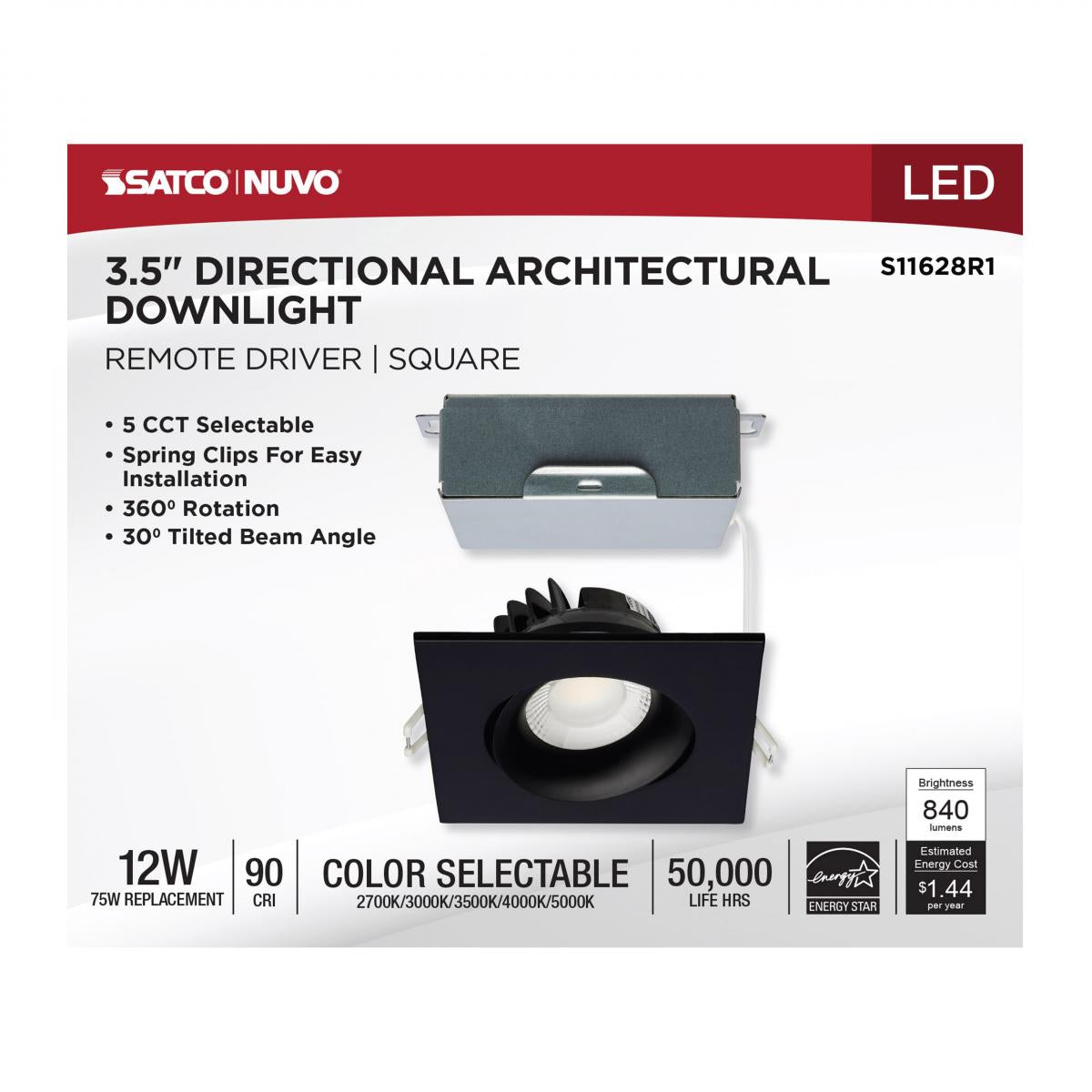 Nuvo Black 12W LED Wafer Downlight, Gimbaled, 3.5-inch, CCT selectable, direct wire installation, energy-efficient lighting.