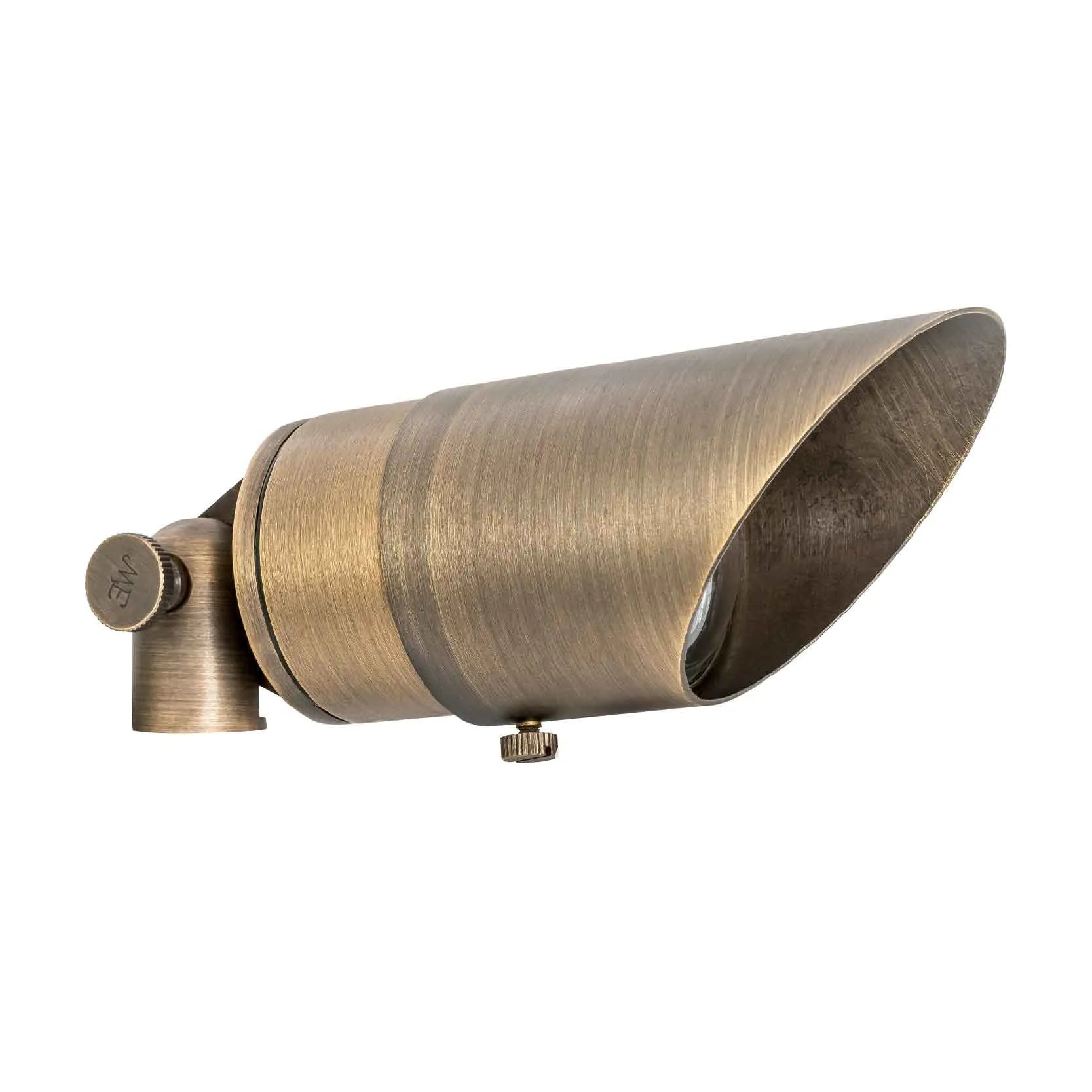 Westgate 12V LED 5W solid brass landscape light with 3000K warm white glow, ideal for outdoor directional landscape illumination.