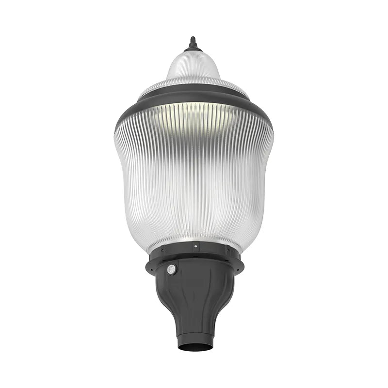 Black LED Acorn Area Light by Westgate, 80W/100W/150W exterior fixture with photoeye, fits 3-inch pipes or poles.