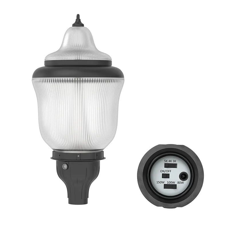 Black LED Acorn Area Light by Westgate, 80W/100W/150W exterior fixture with photoeye, fits 3-inch pipes or poles.