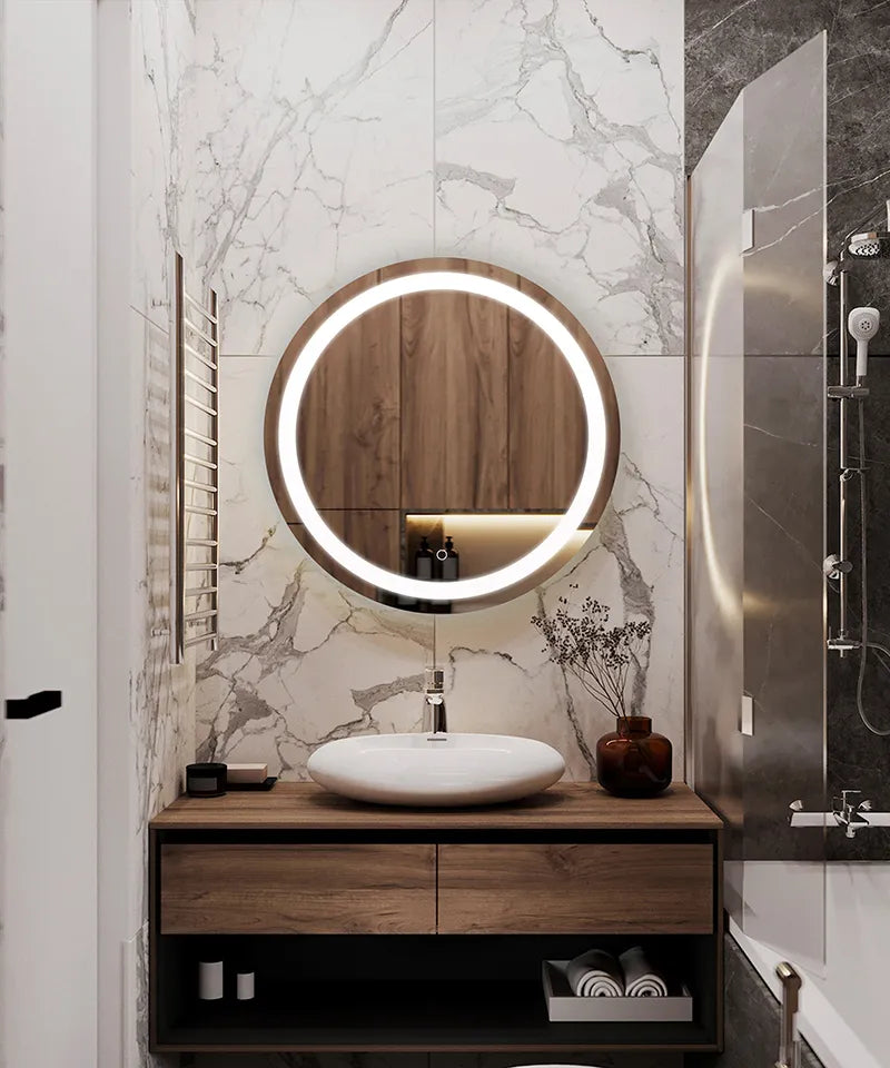 24-inch round Westgate LED mirror with 30W brightness, adjustable color temperatures of 3000K, 4500K, and 6500K, modern lighting fixture