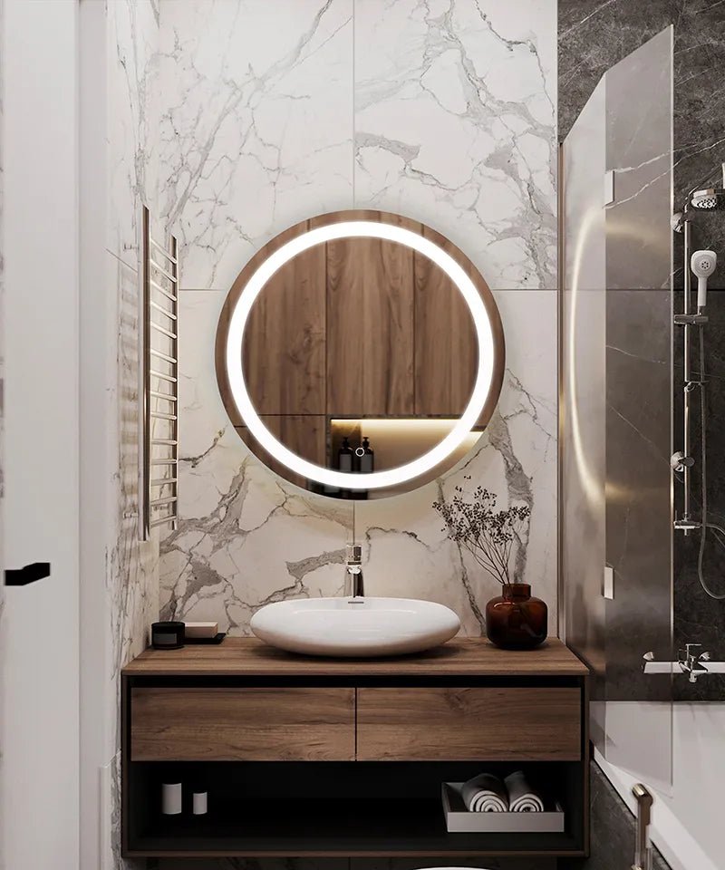 24-inch round Westgate LED mirror with 30W brightness, adjustable color temperatures of 3000K, 4500K, and 6500K, modern lighting fixture