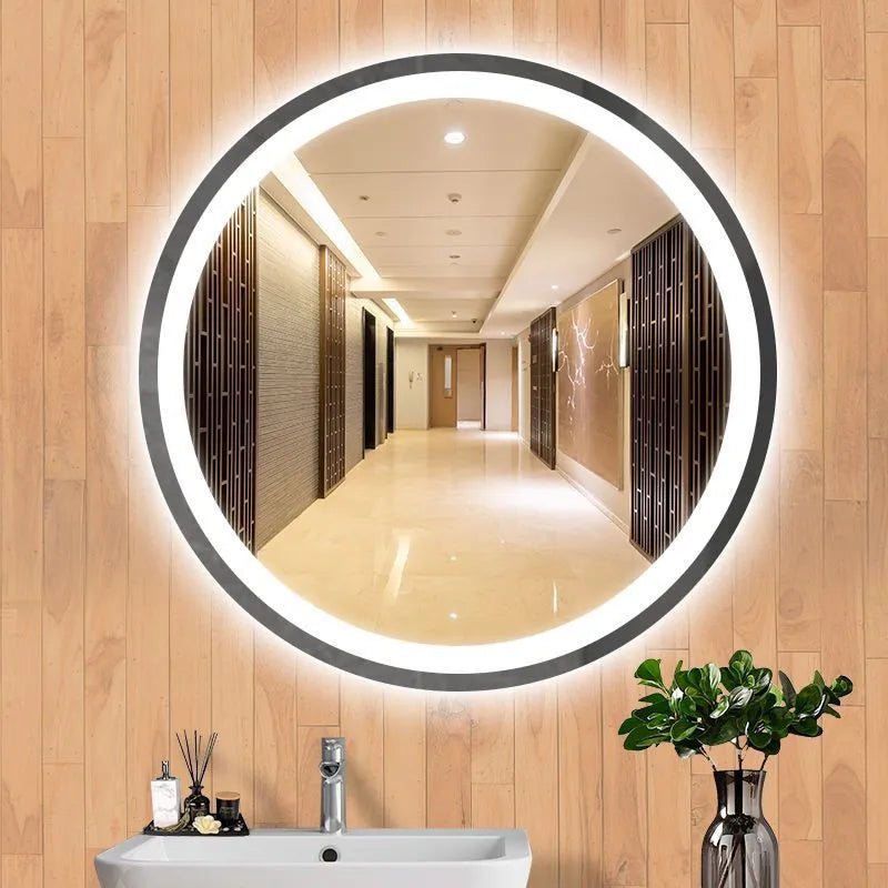 24-inch round Westgate LED mirror with 30W brightness and adjustable color temperature options in natural and warm light.