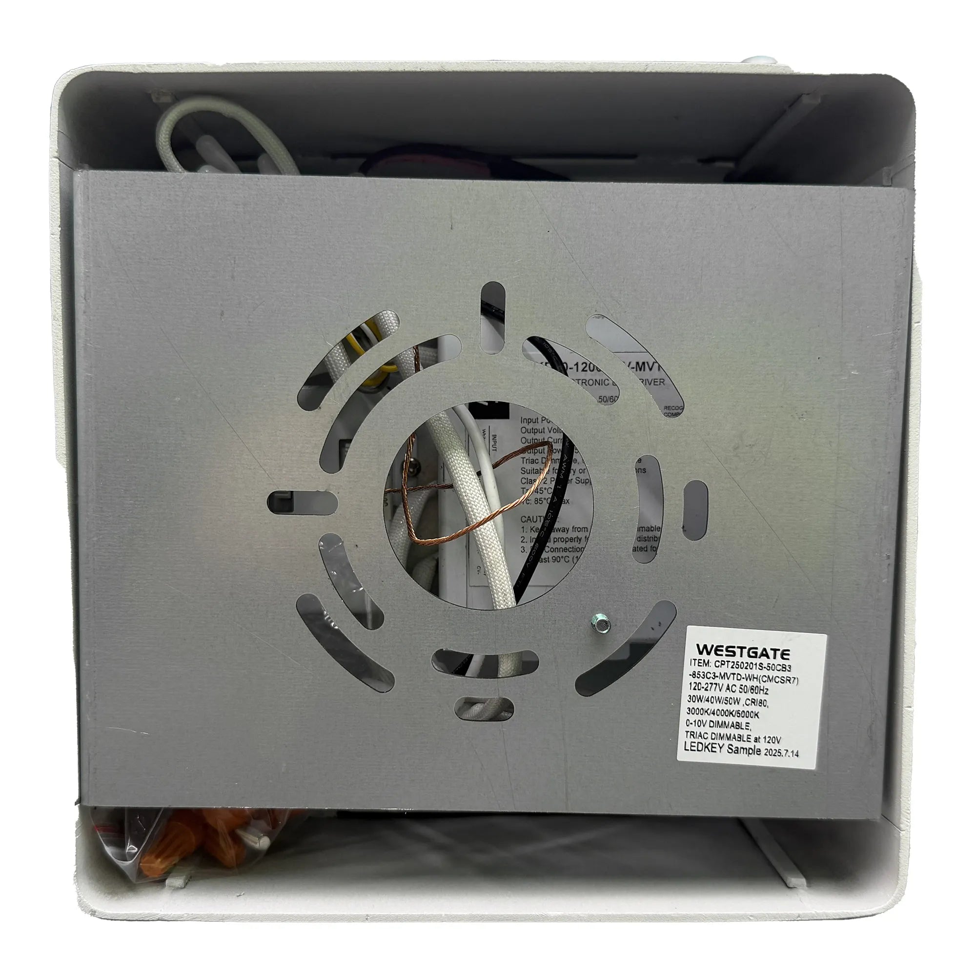 White LED 7-inch square commercial cylinder ceiling light by Westgate, with adjustable watt and color settings, mounted on ceiling.