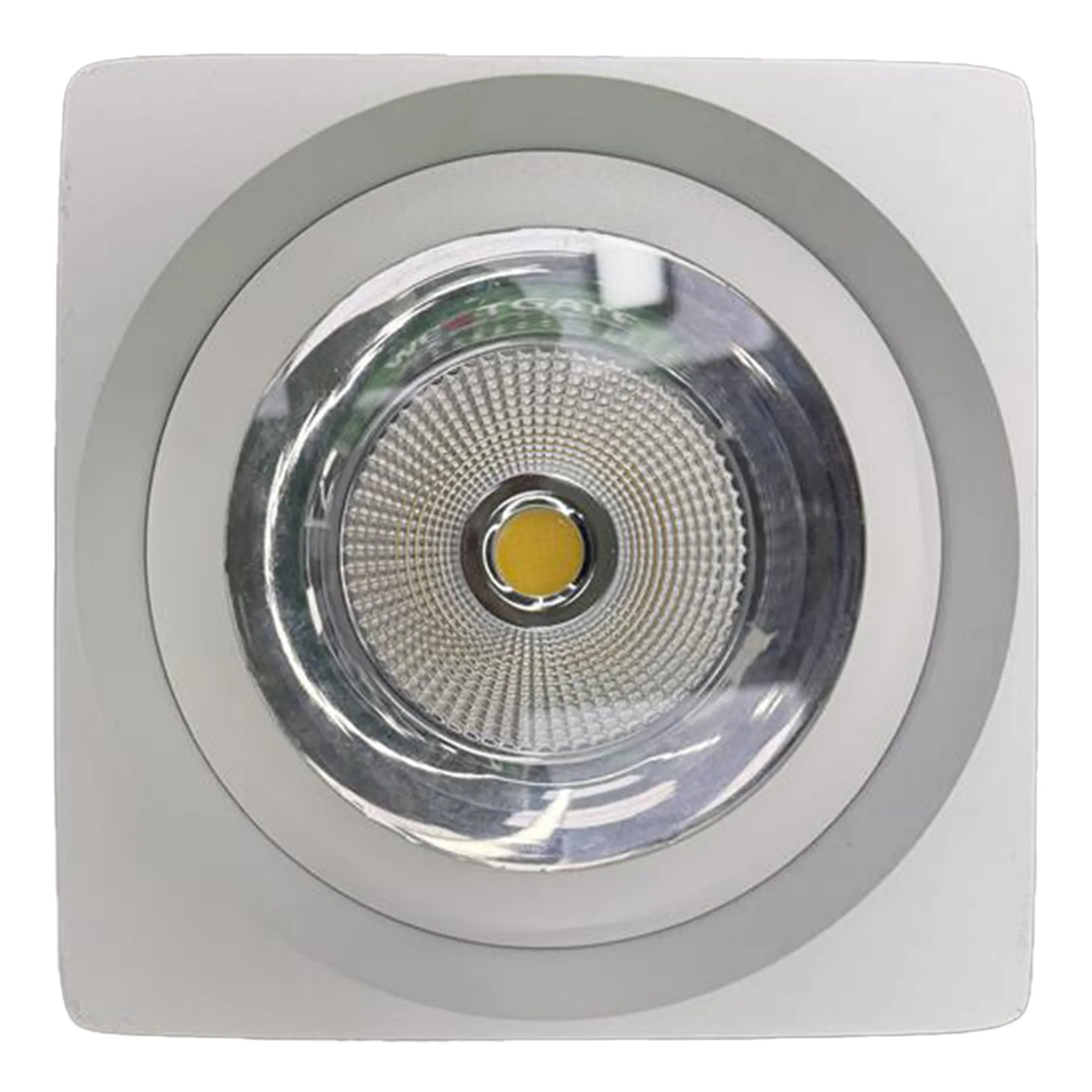 White LED 7-inch square commercial cylinder ceiling light by Westgate with adjustable watt and color settings.