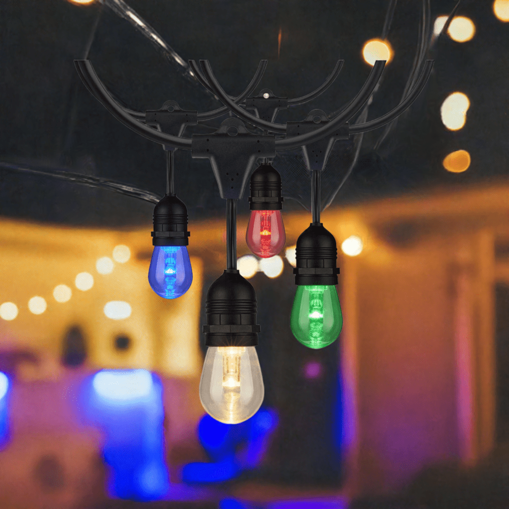 Satco 24ft LED string light with 12 S14 lamps, RGBW color, 12 volts, and infrared remote for decorative lighting.