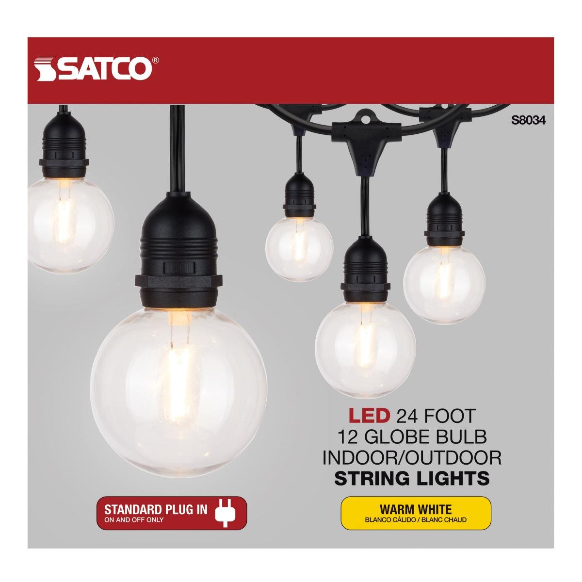 Satco 24ft LED string light with 12 G25 bulbs, warm 2200K glow, suitable for decorative lighting, 120 volts.